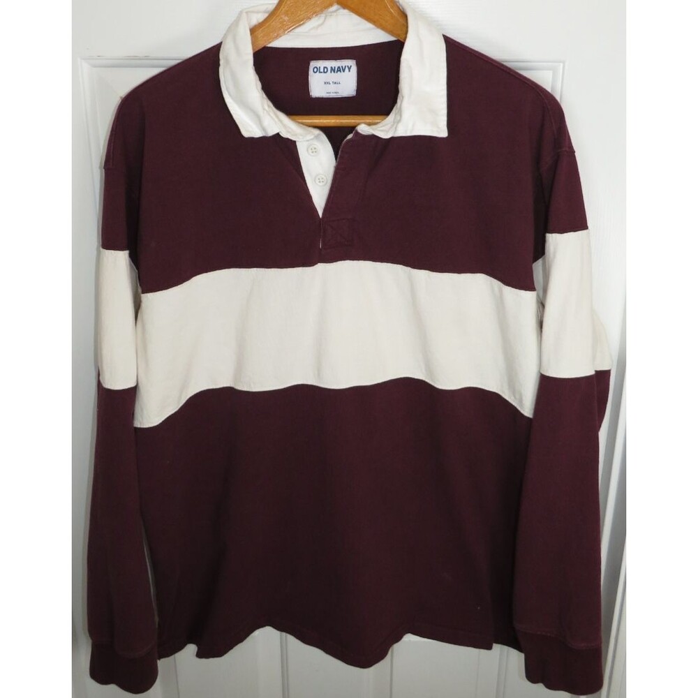 Old Navy Rugby Shirt Long Sleeve Burgundy/White Stripe & Collar Men XXL Tall Y2K